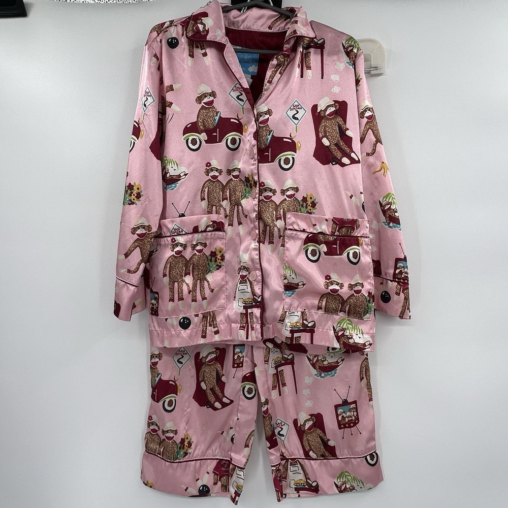 Nick & Nora Girls 2 Piece Sock Monkey Satin Pajama Set Size XS/5 Pink Sleepwear‎